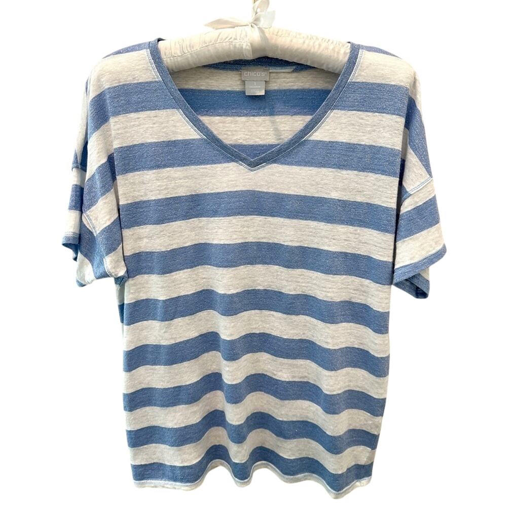 CHICO’S Blue White Striped Linen V Neck Tee Top Size 1 Medium Coastal